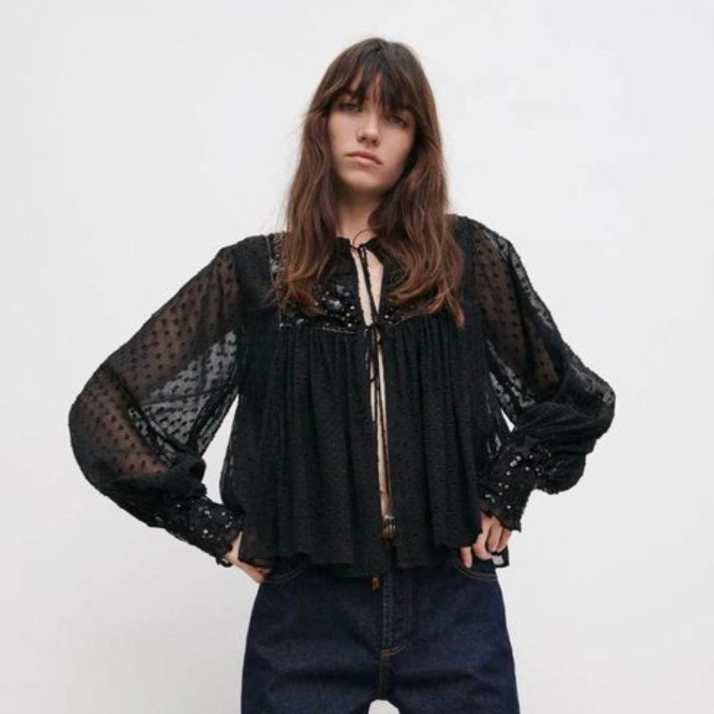 ZARA Black Plumetis Beaded Sequined Bolero Jacket